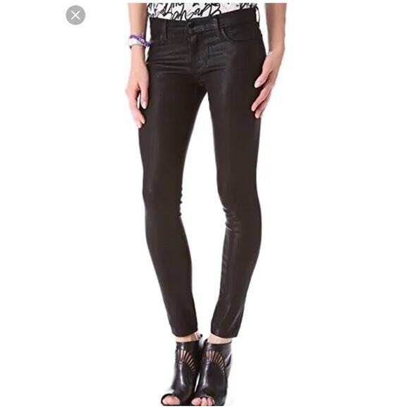 J Brand Black Coated Super Skinny Lacquered Jeans Size 27 Mid Rise Stretch - Picture 1 of 6